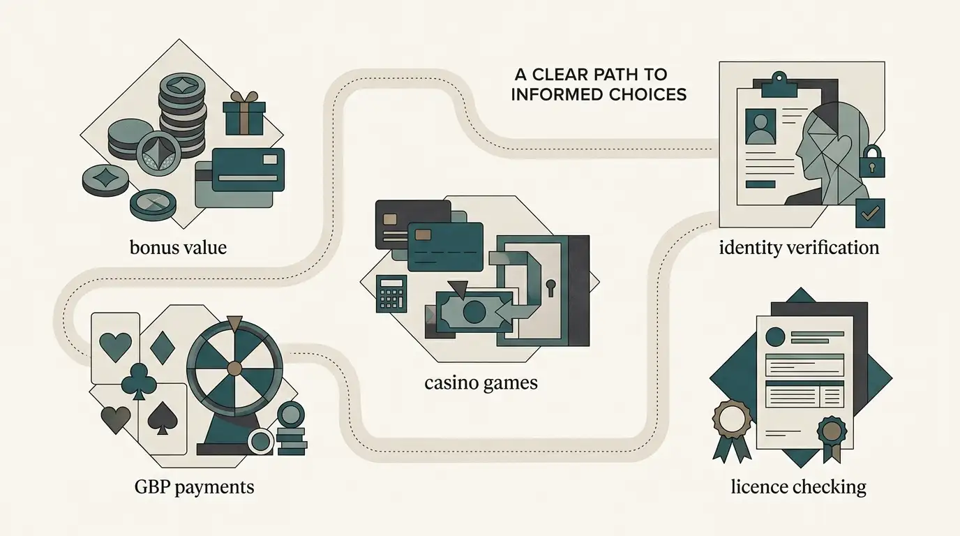Editorial illustration comparing bonus, payments, games, verification and licence checks